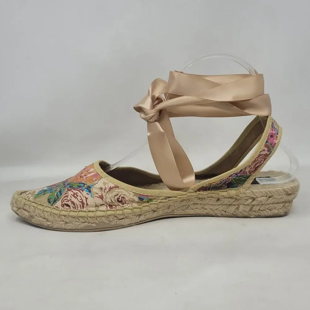 Marmi Sandals 10 Floral Espadrille Sequin Ribbon Tie Wedge Boho Floral Summer